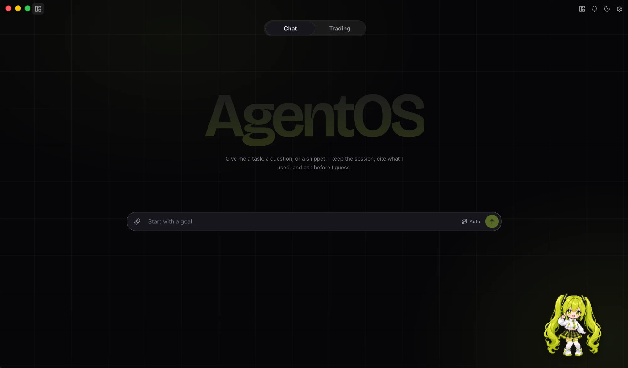 AgentOS desktop app chat home with a goal prompt and Chat / Trading toggle