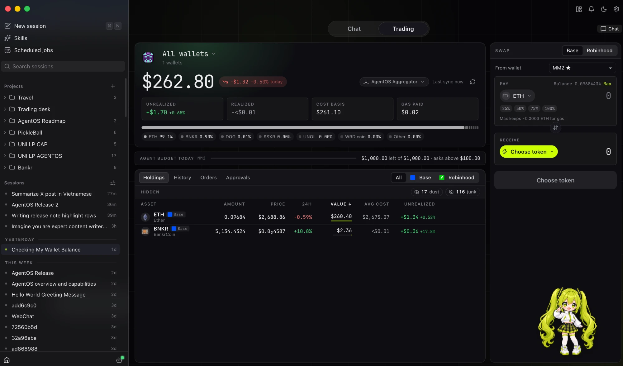 AgentOS desktop app trading desk showing wallet portfolio, agent budget, holdings, and a swap panel