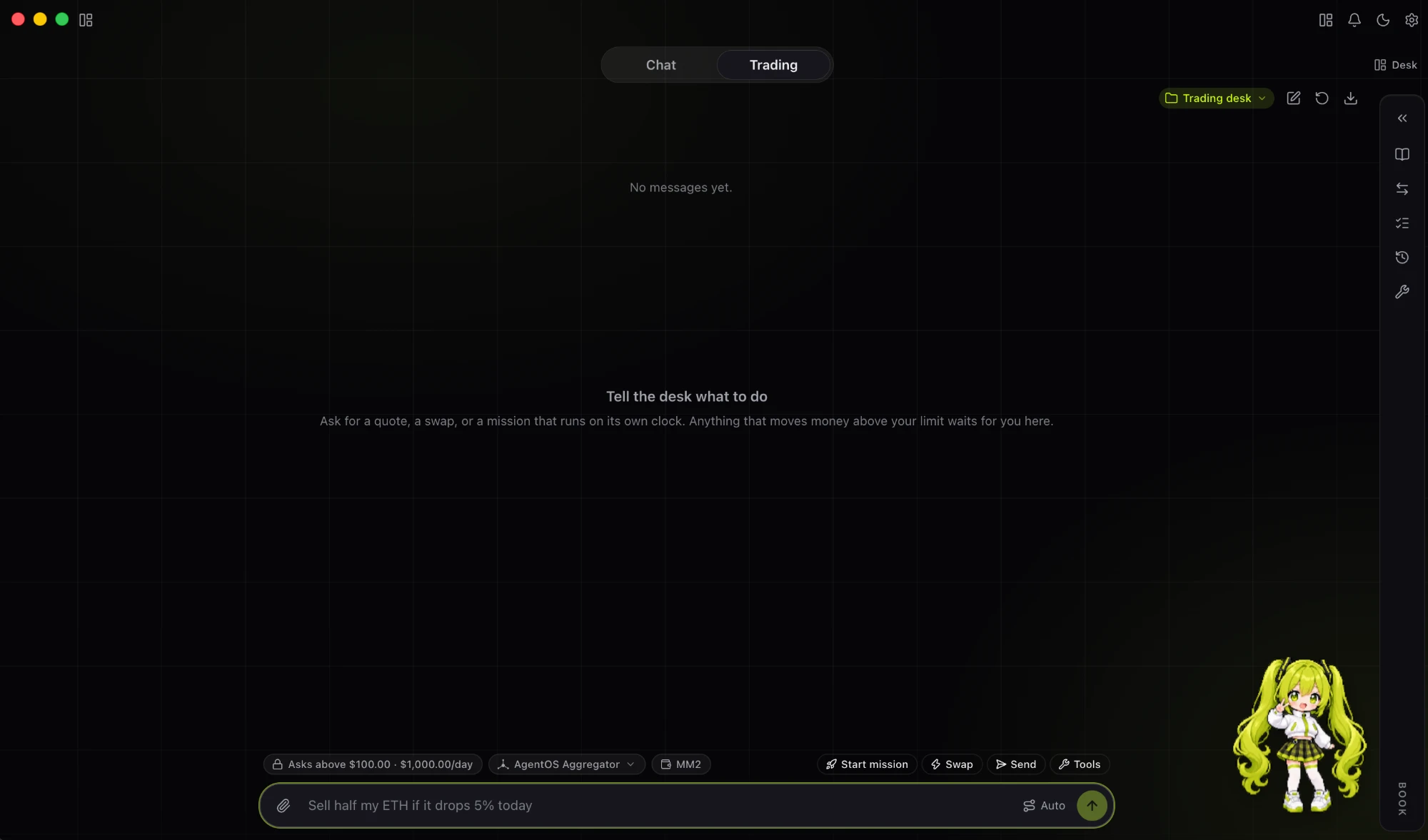 AgentOS desktop app trading desk with spend limit, aggregator selector, and mission, swap, send, and tools actions
